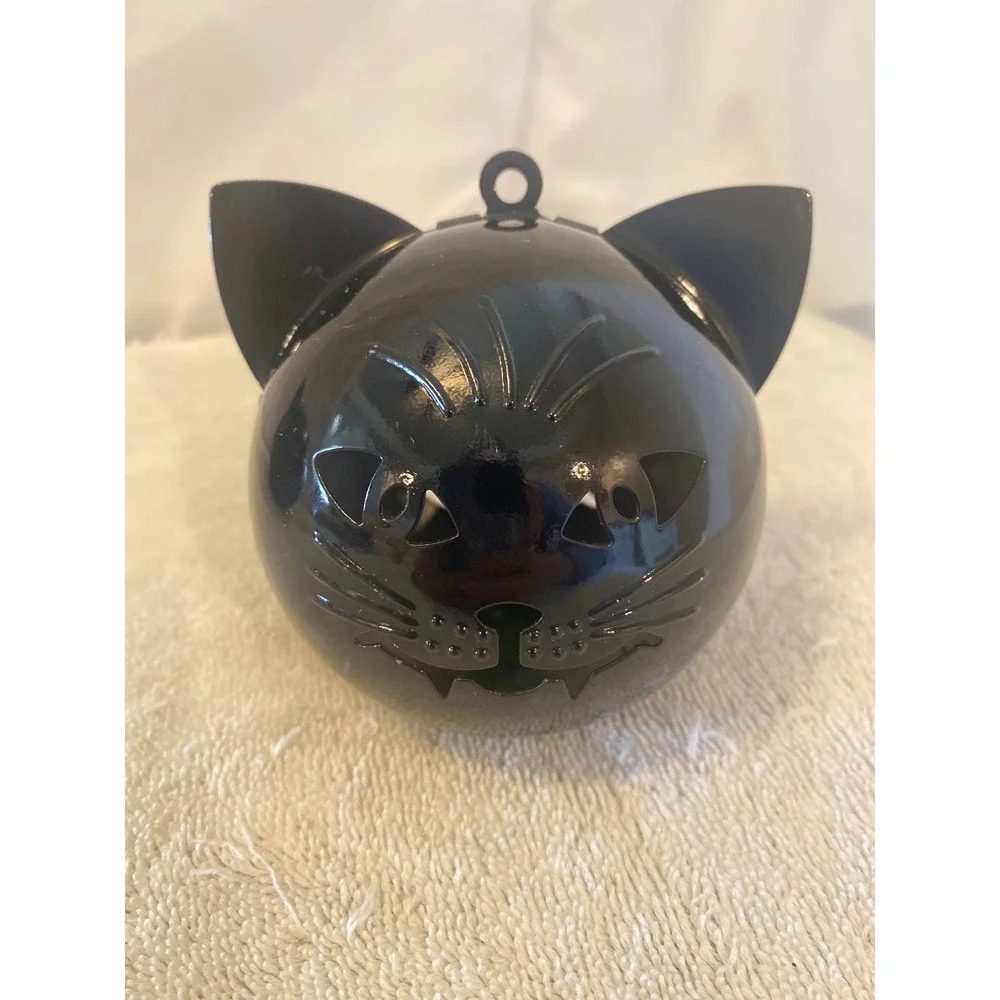 Set of 2 Black Metal Cat Head Jingle Bells Halloween Hanging Decor Glossy Finish